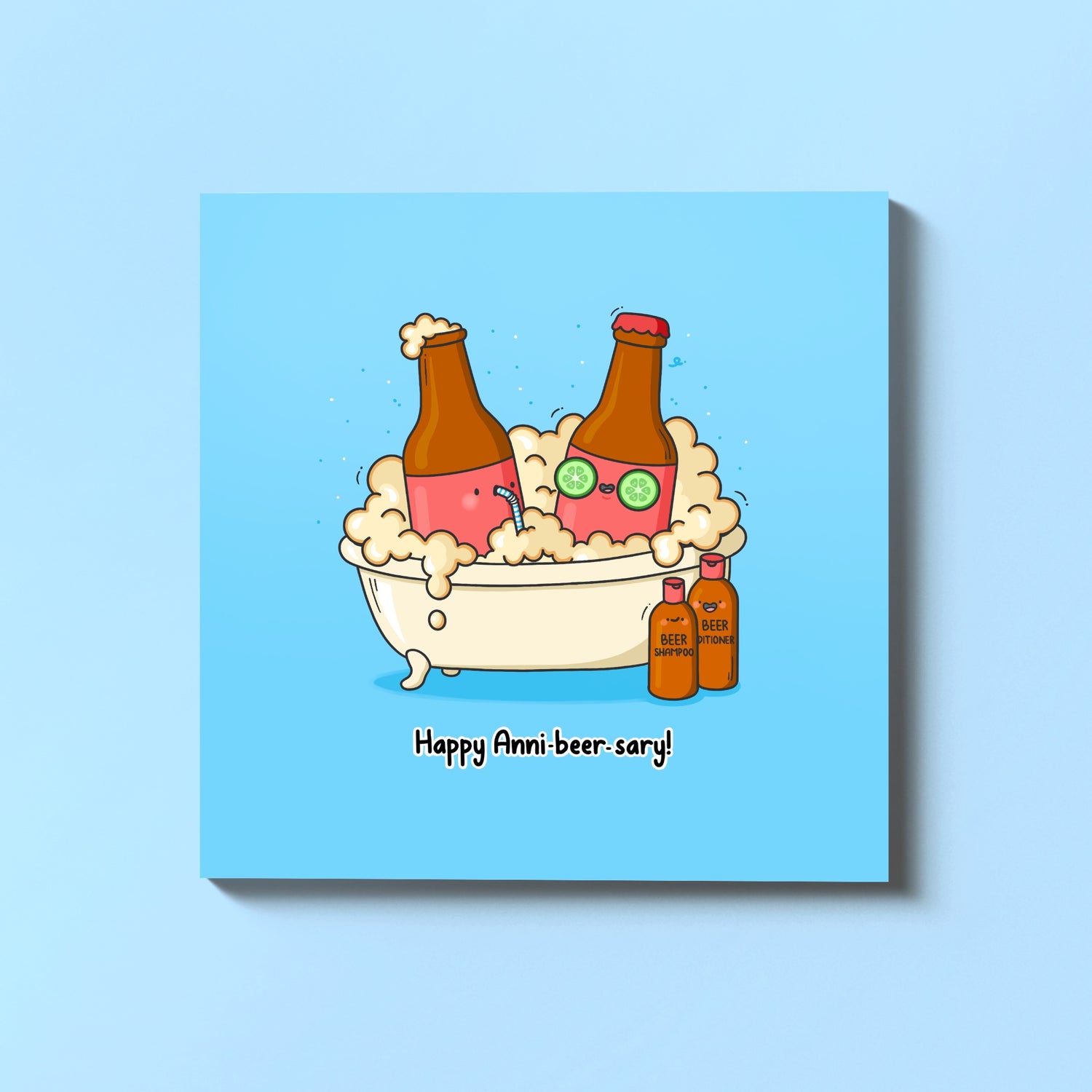 Beer anniversary card on blue table