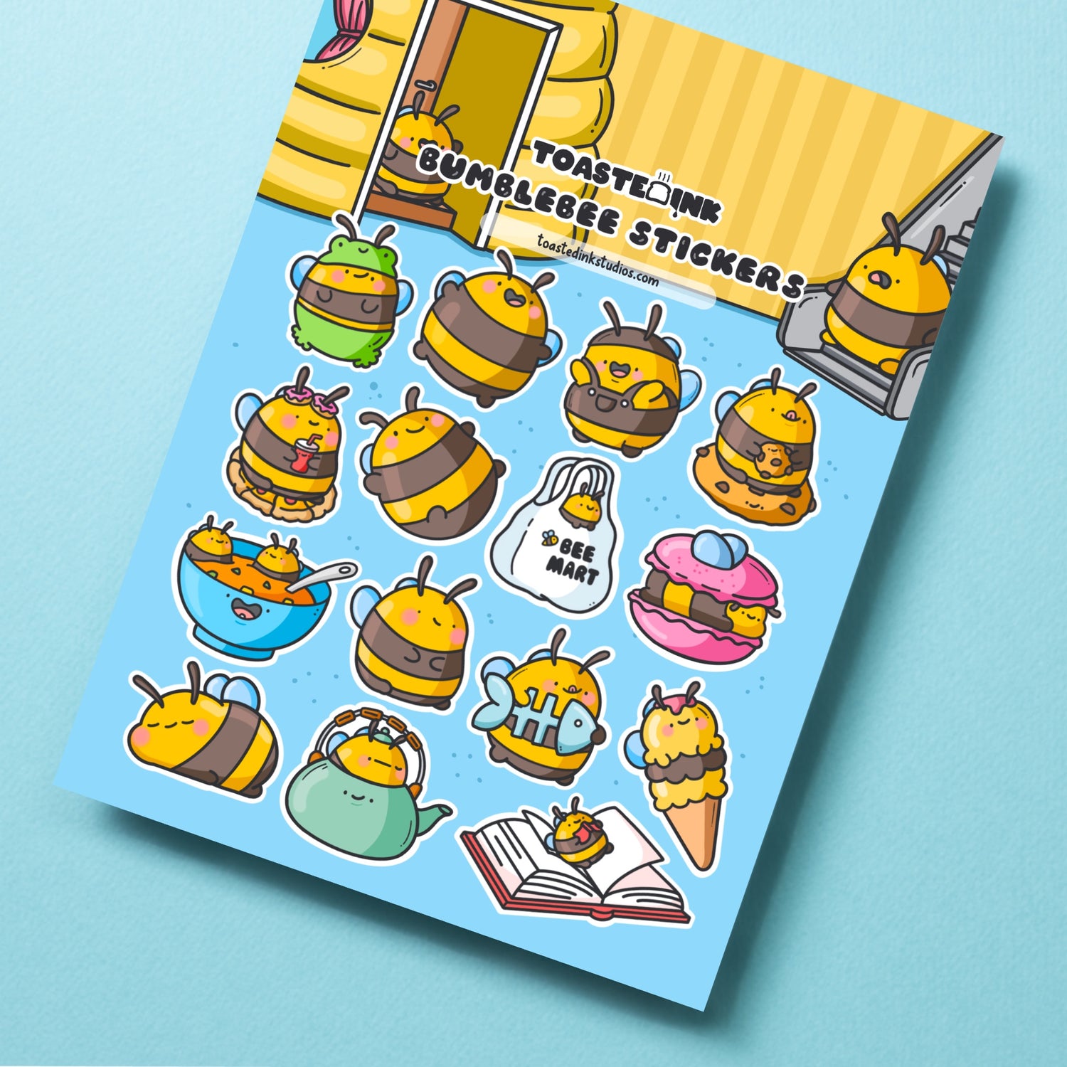 Bee sticker sheet close up on blue table