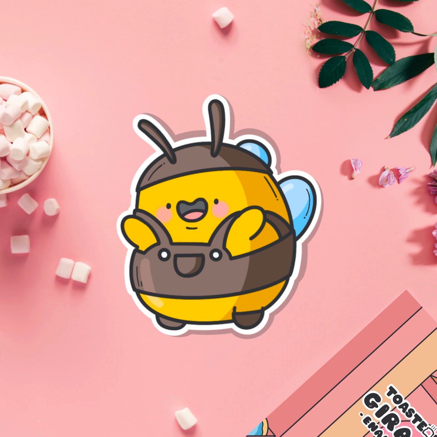 Bee wearing dungarees vinyl sticker on pink table