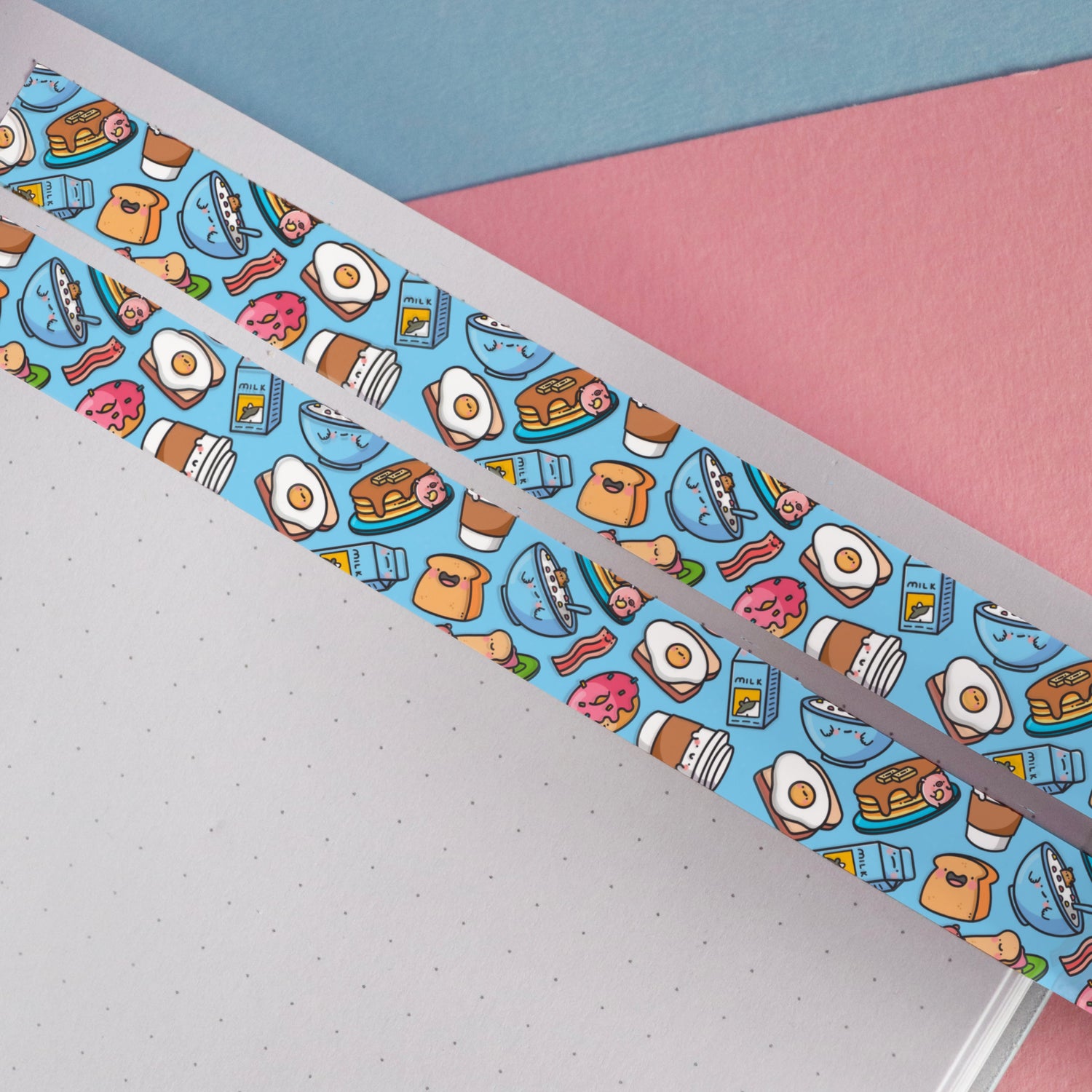 Blue breakfast washi tape on pink and blue table