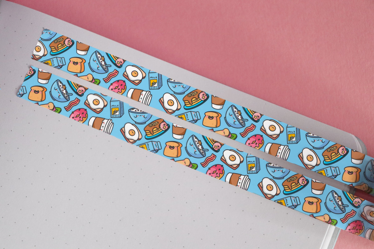 Blue breakfast washi tape on pink table