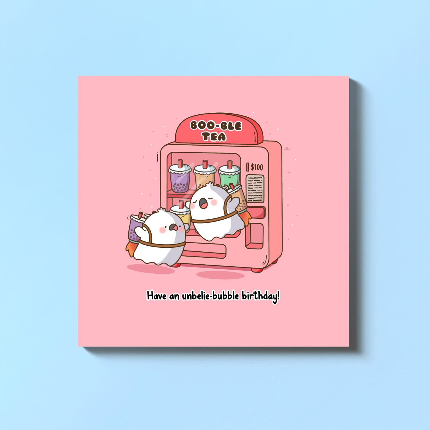Bubble tea jetpacks birthday card on blue table