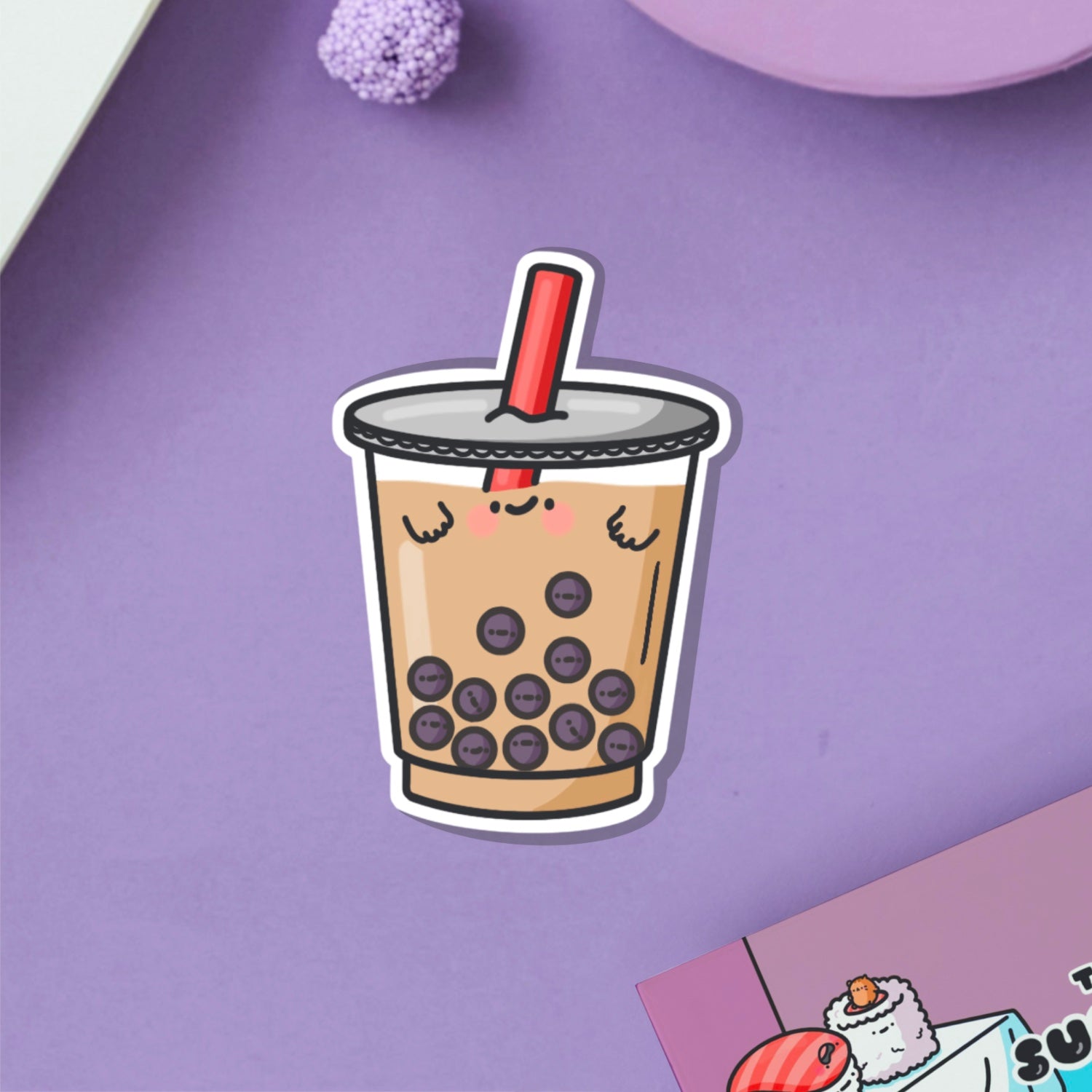 Bubble tea vinyl sticker on purple table