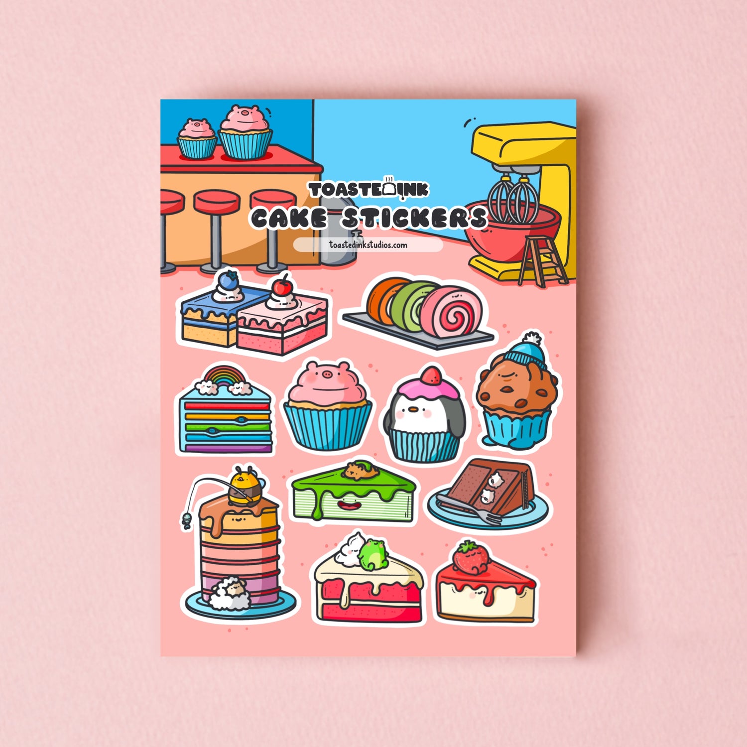 Cake sticker sheet on pink table