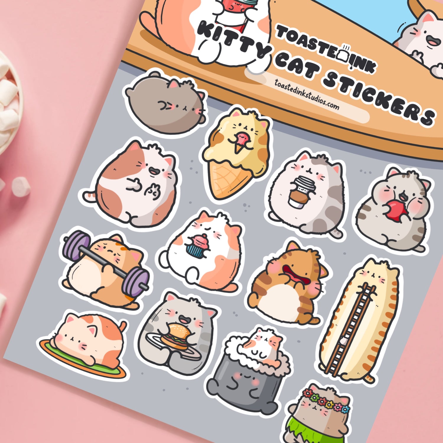 cat sticker sheet on pink table close up