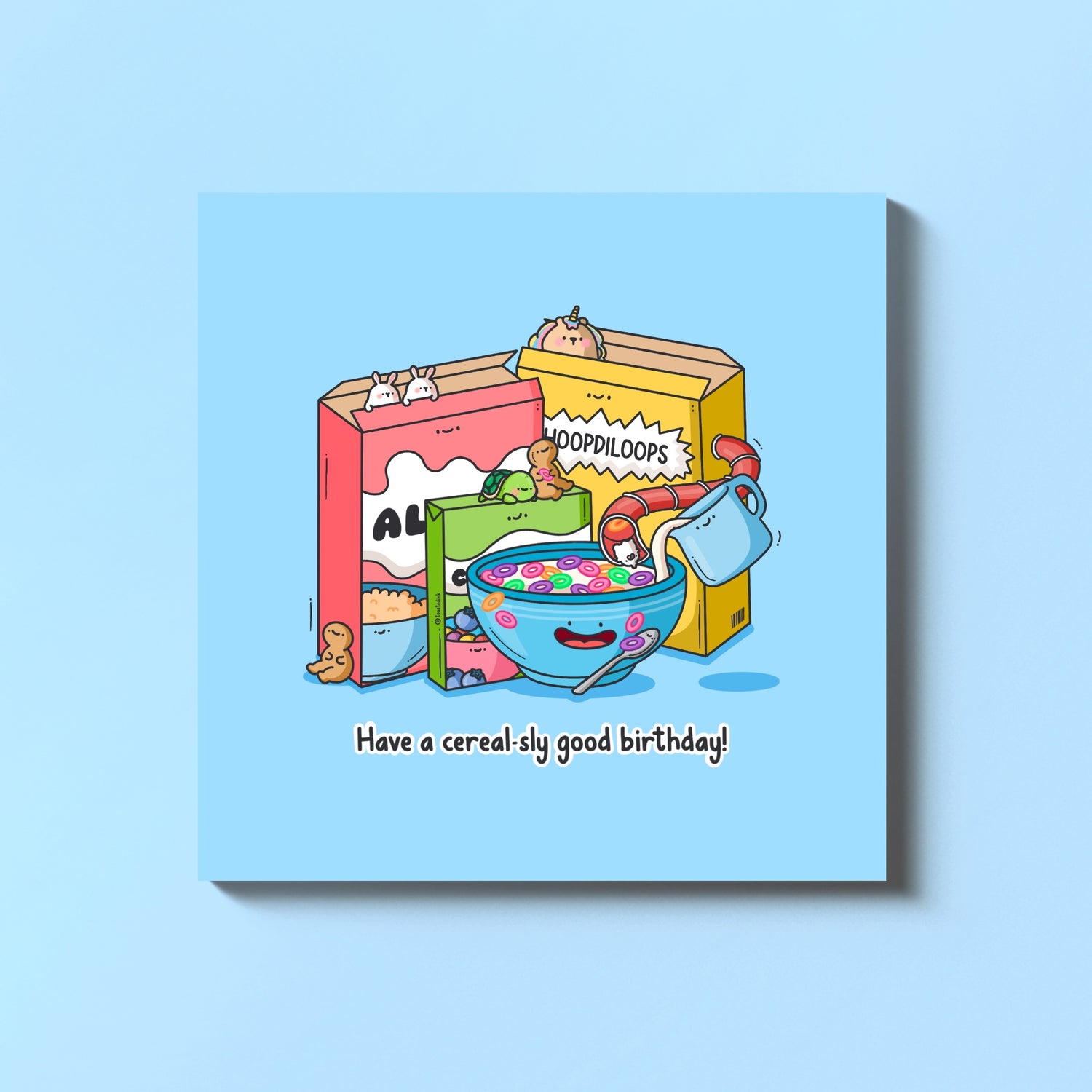 Cereal birthday card on blue table