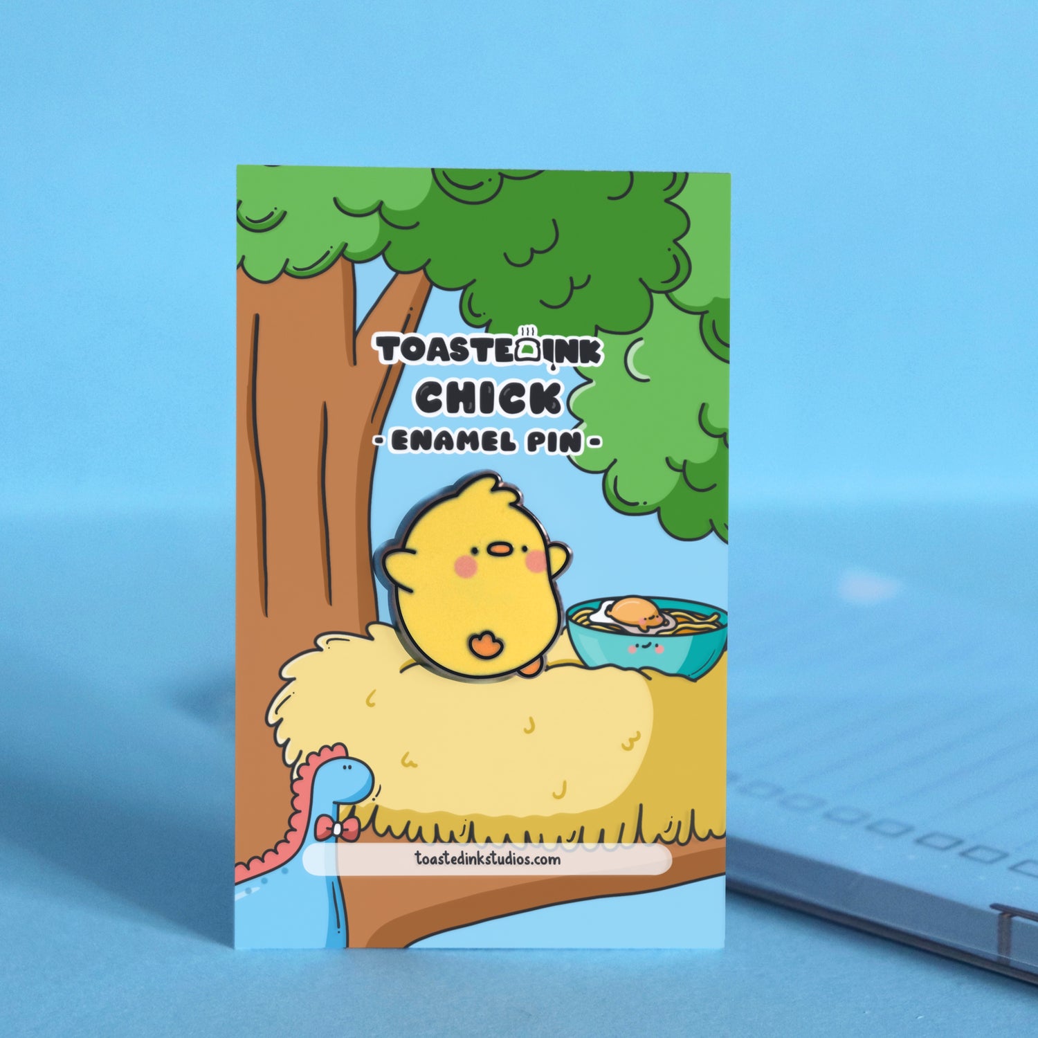Chick enamel pin on tree backing card