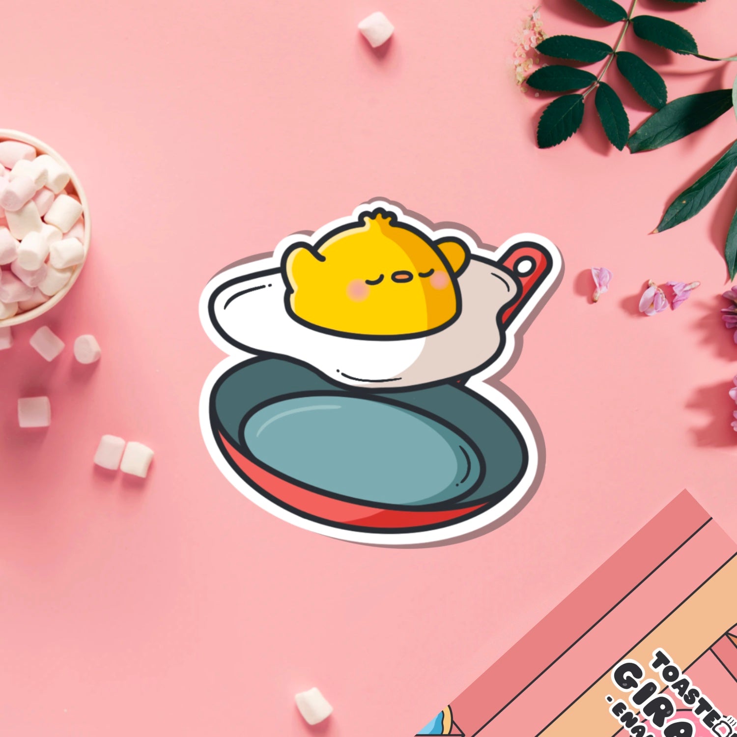 Chick as a fried egg vinyl sticker on pink table