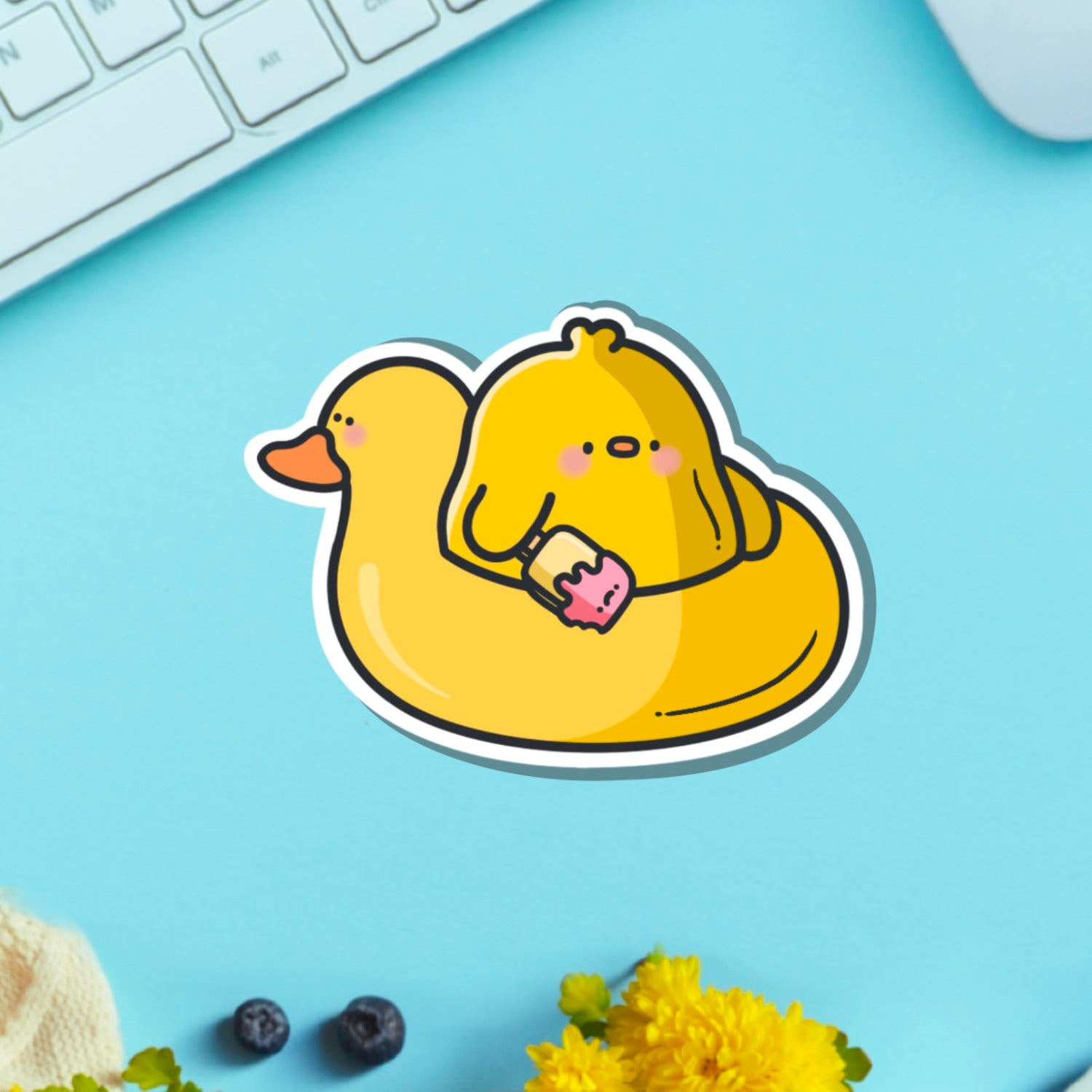 Chick in a rubber duck vinyl sticker on green table