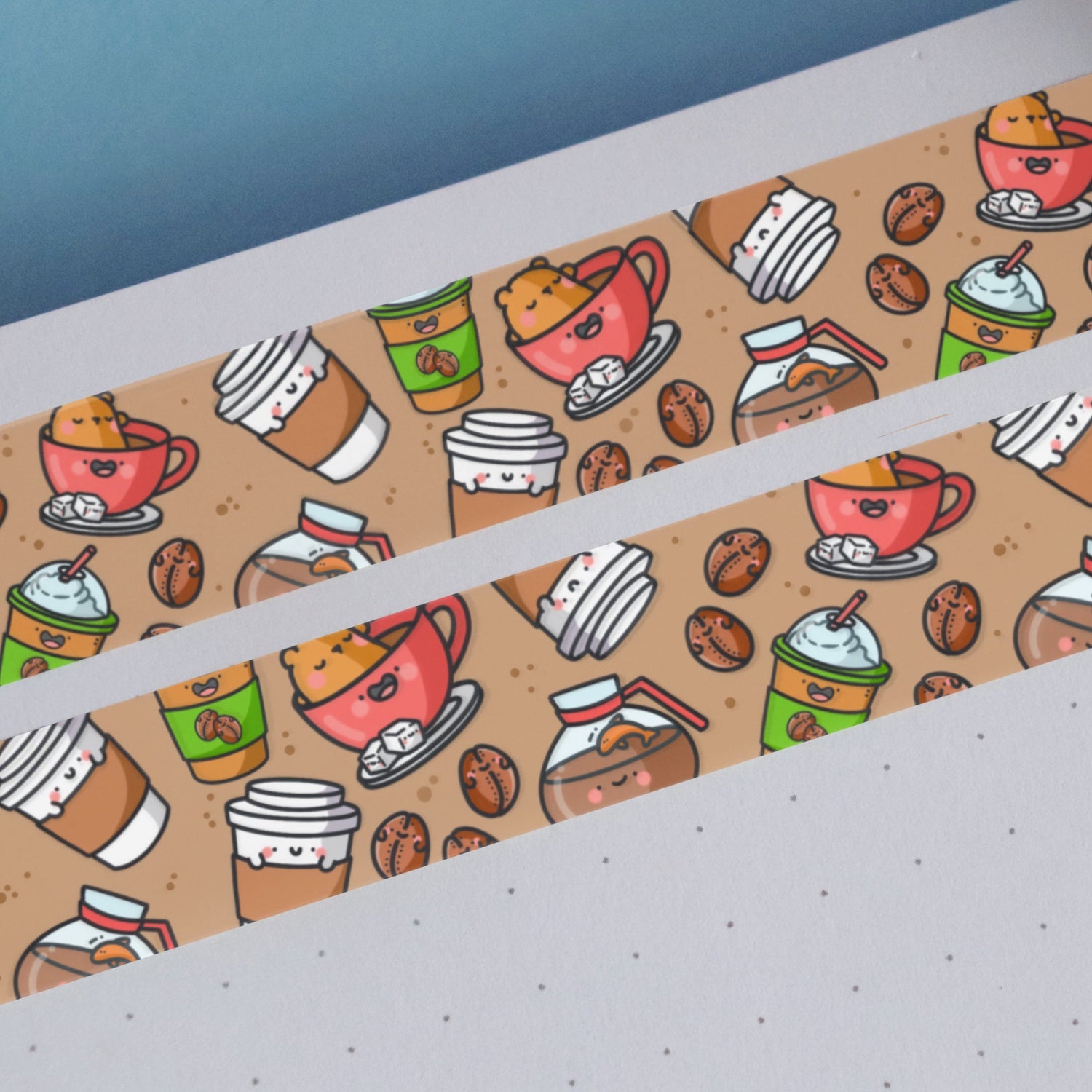 Coffee Washi Tape on blue table and notebook