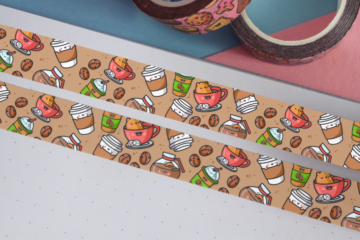 Coffee Washi Tape on pink and blue table with 2 rolls of washi tape