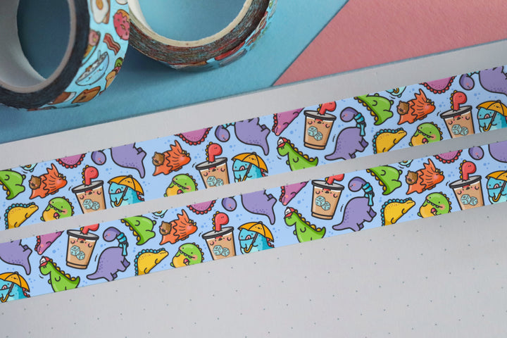 Dinosaur washi tape on blue and pink table
