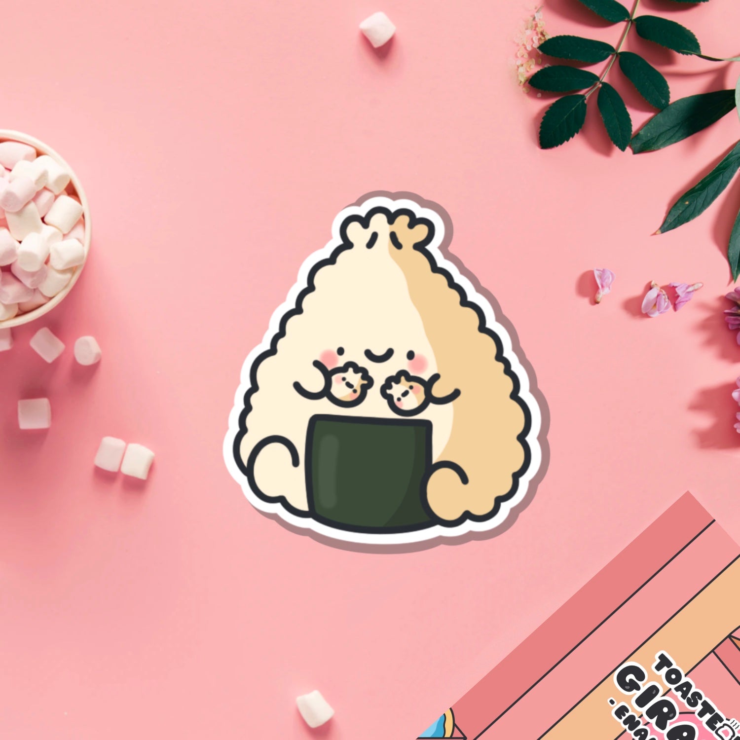 Dumpling sushi vinyl sticker on pink table