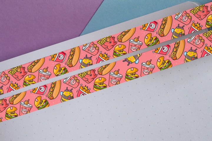 Fast Food washi tape on notebook and purple and blue table