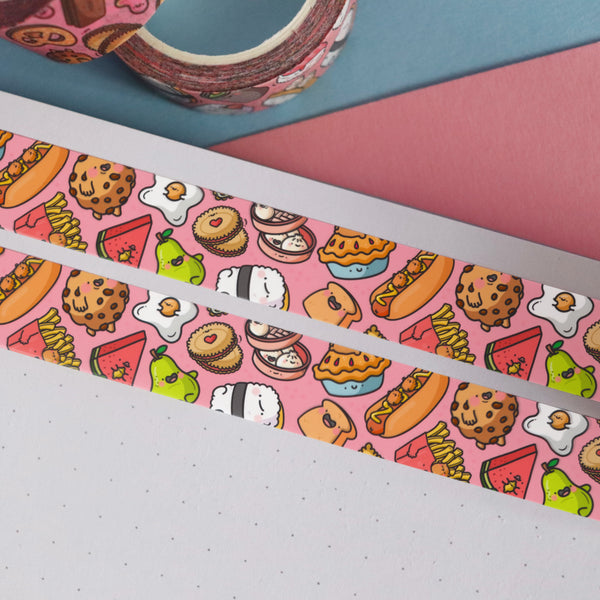 Food washi tape on blue and pink table