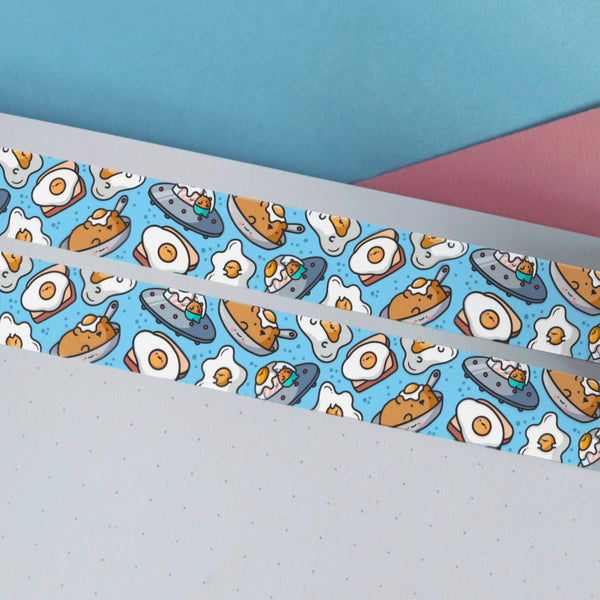 Fried egg washi tape on blue and pink table