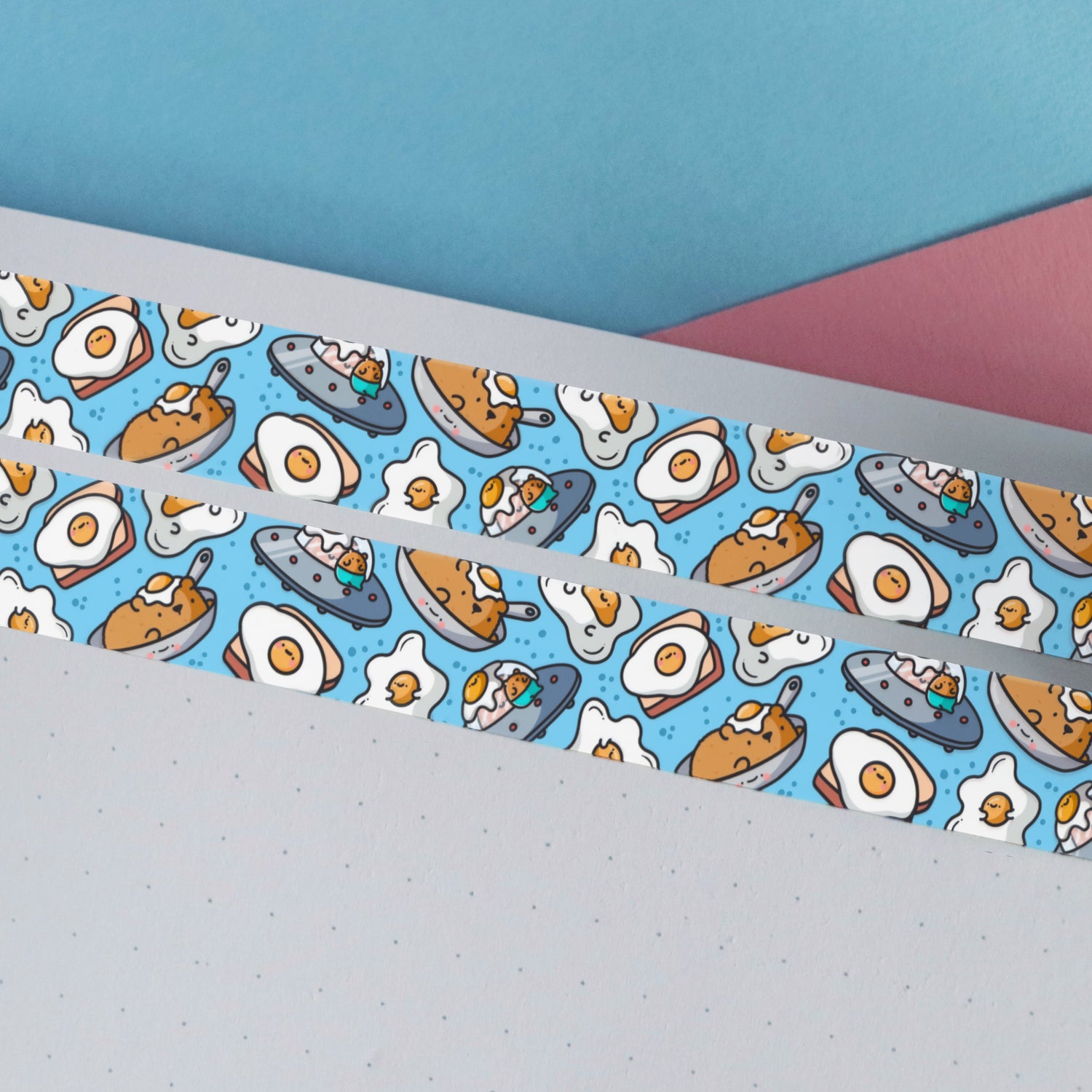 Fried egg washi tape on blue and pink table