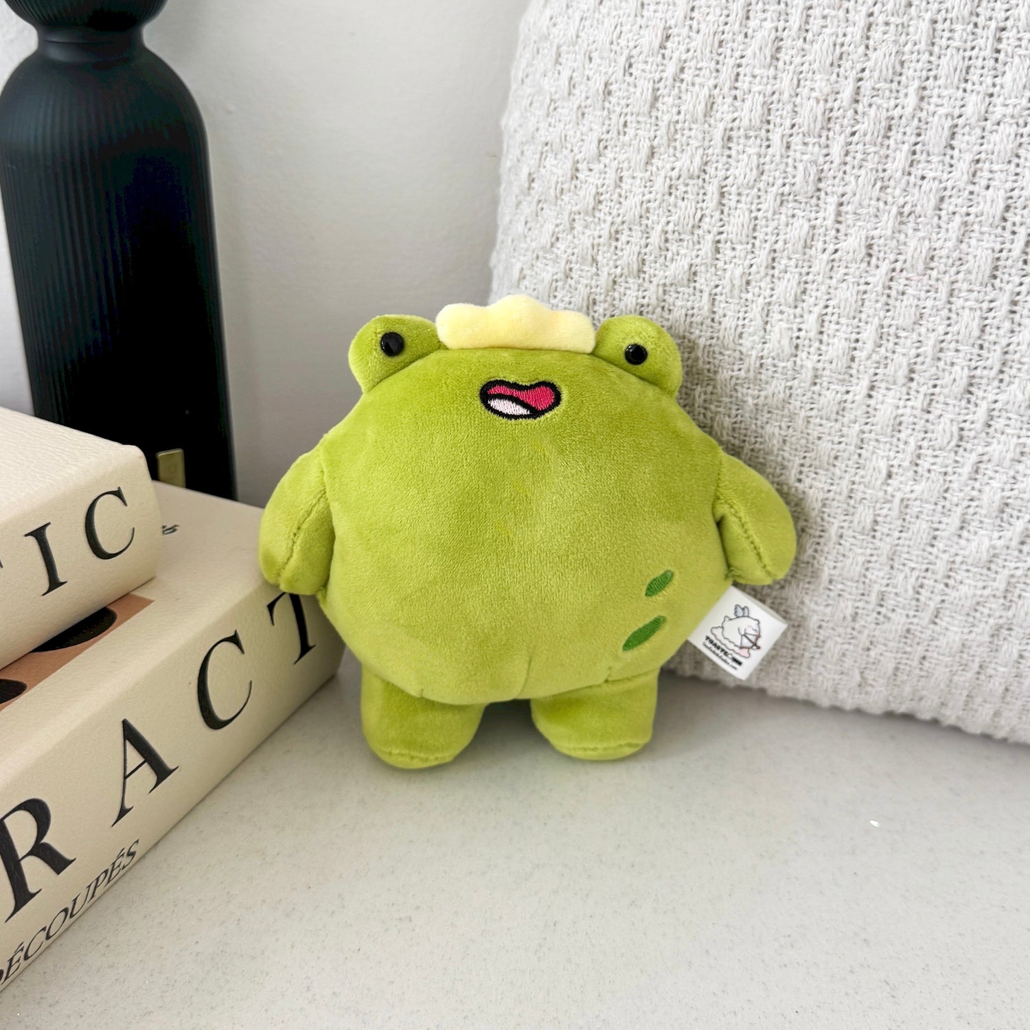 Frog Plush Keychain on beige table with books and cushion