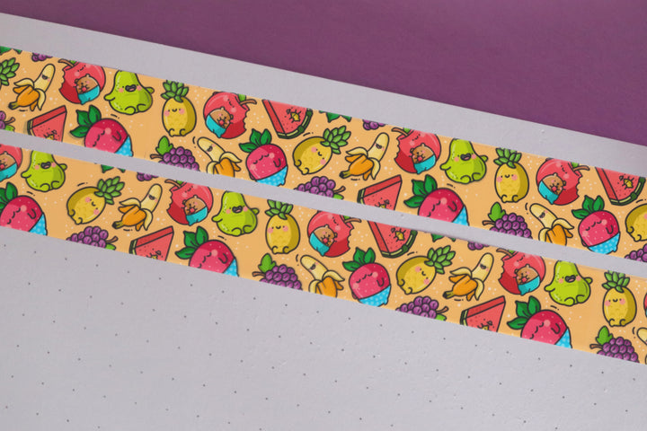 Fruit washi tape on notebook and purple table