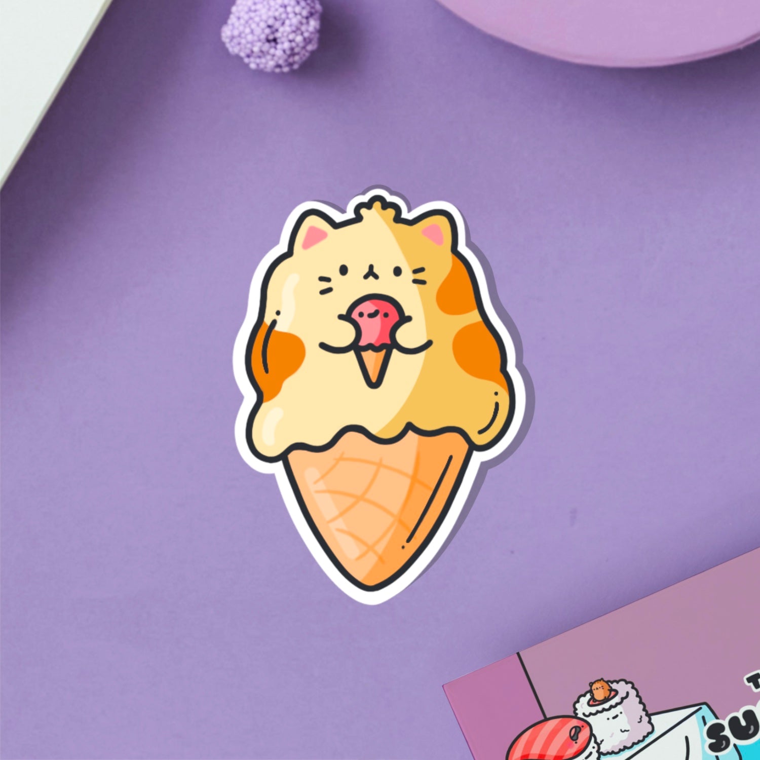 cat as ice cream vinyl sticker on purple table