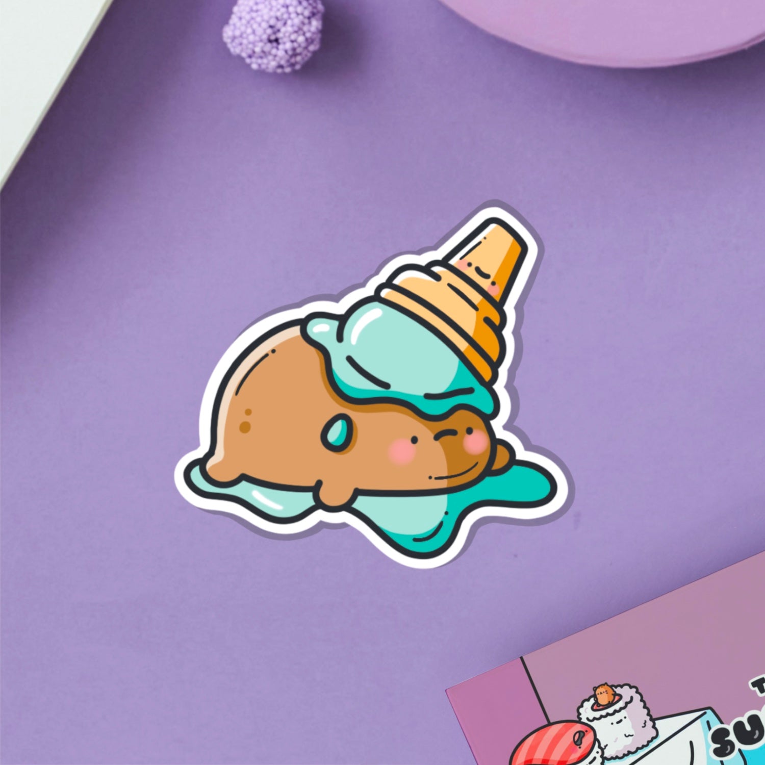 Potato in ice cream vinyl sticker on purple table