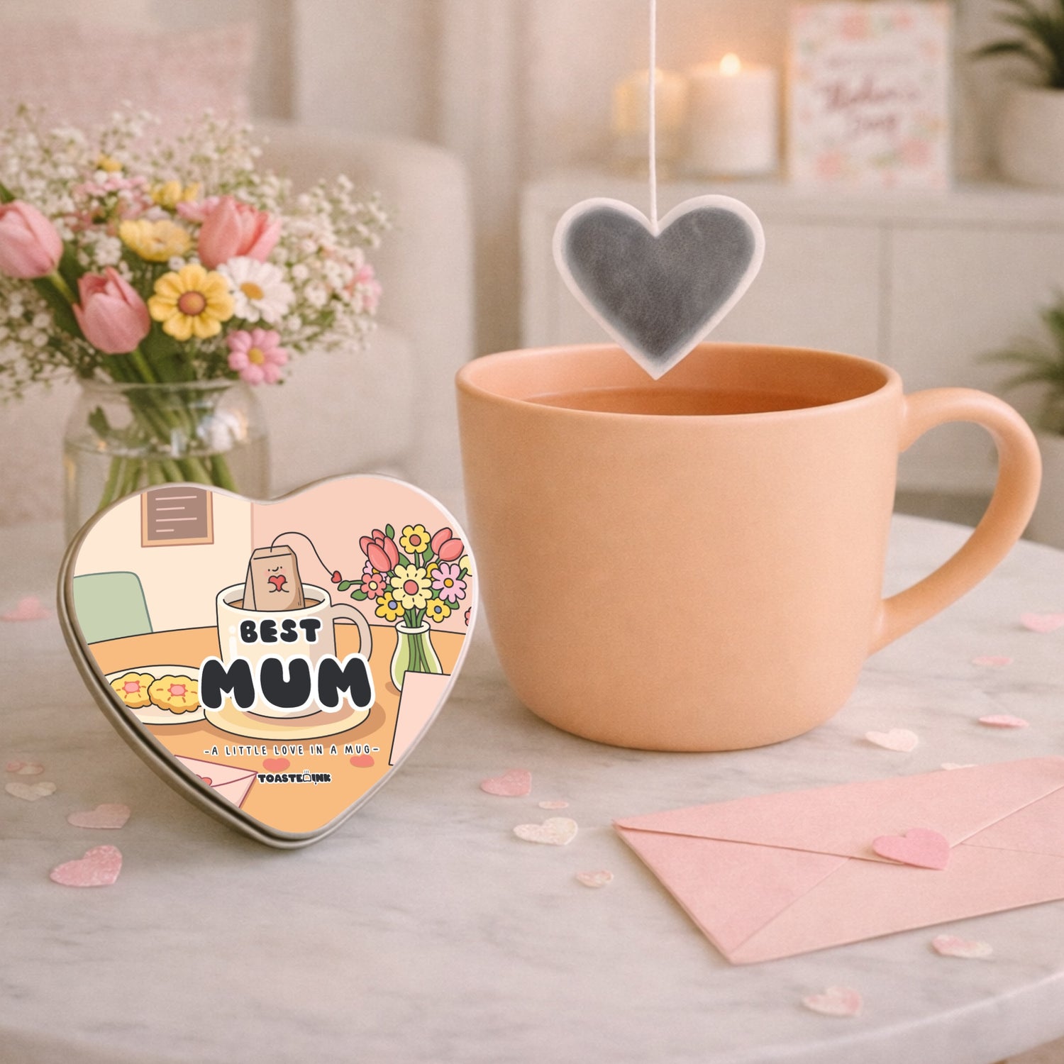 Heart-shaped tea bag in a pink mug with flowers and an envelope on a table.