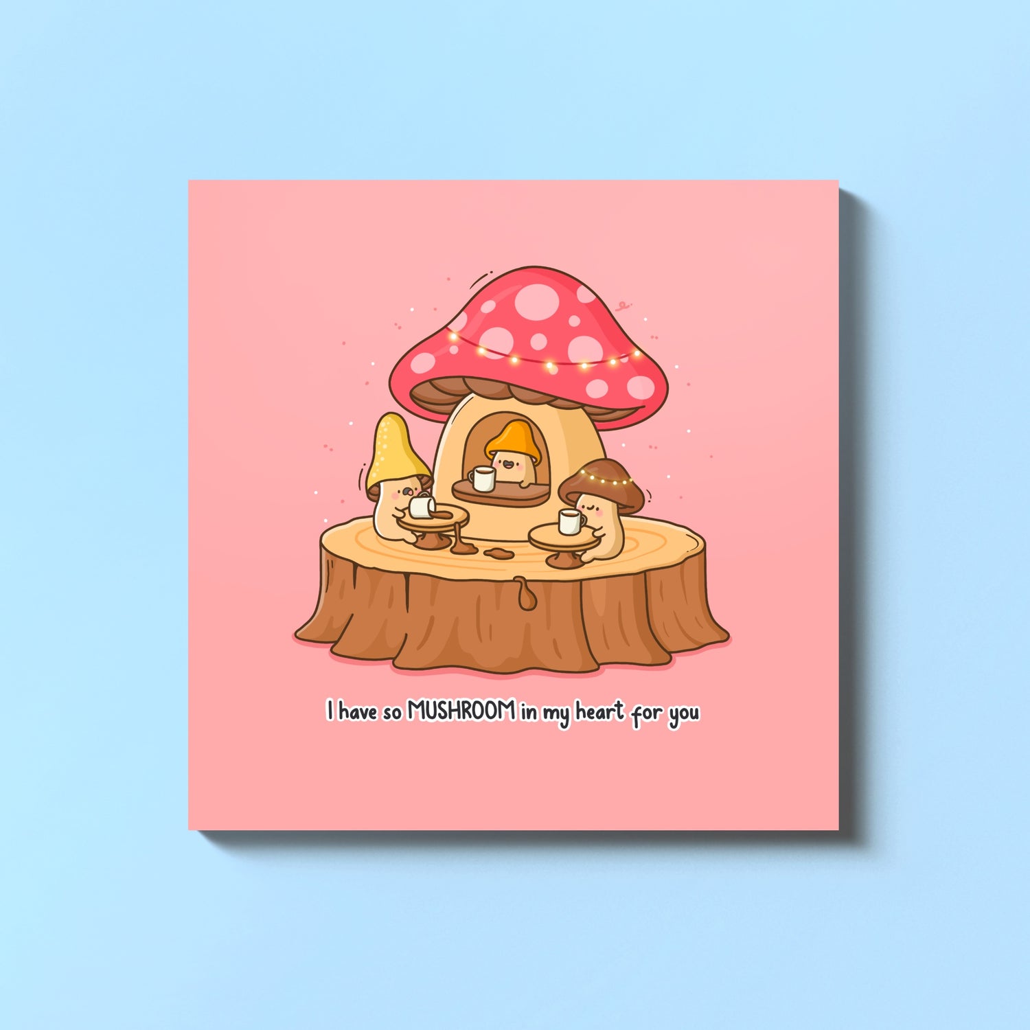Mushroom cafe card on blue table