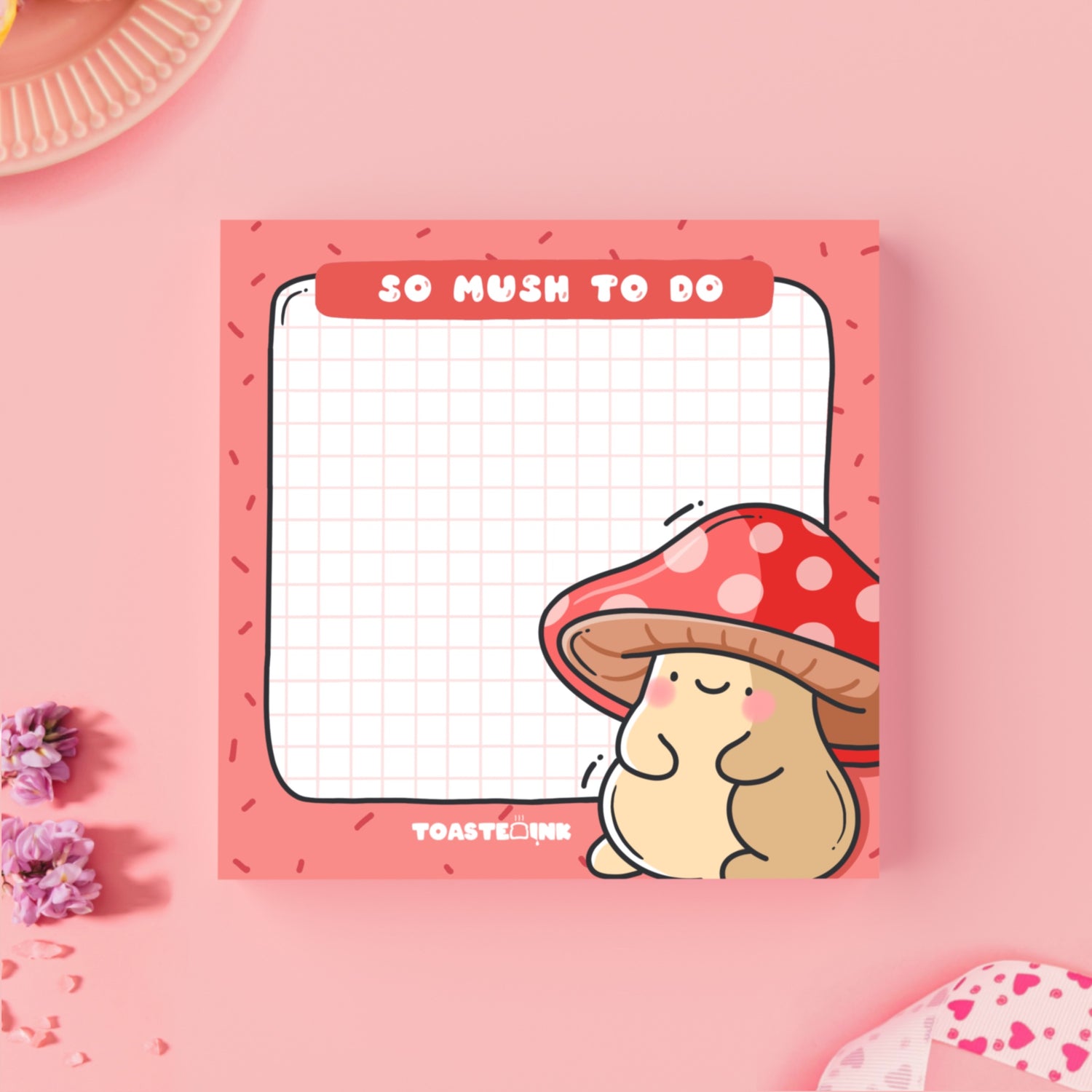 Mushroom sticky notes on pink background