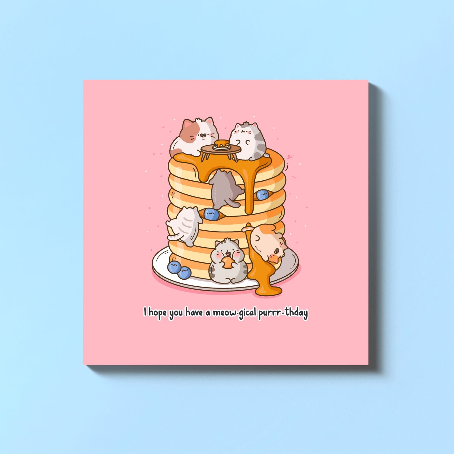 Cat with pancakes greetings card on blue table