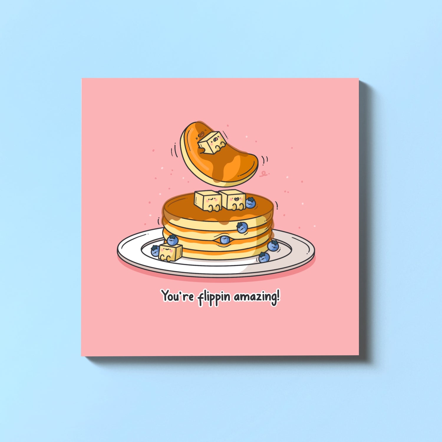 Pancakes card on blue background