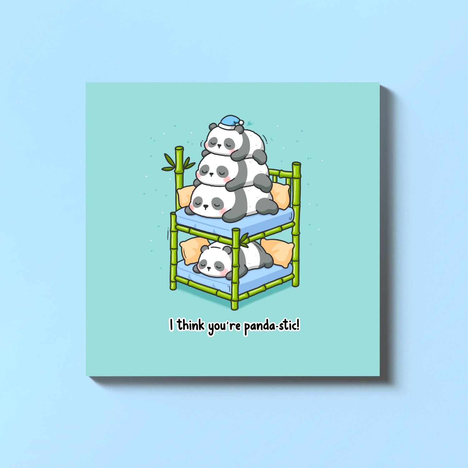 Stack of pandas card on blue table