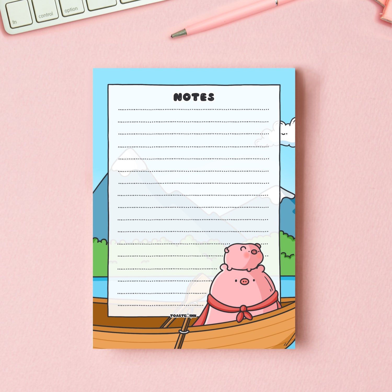 A6 Pig Notepad on pink table