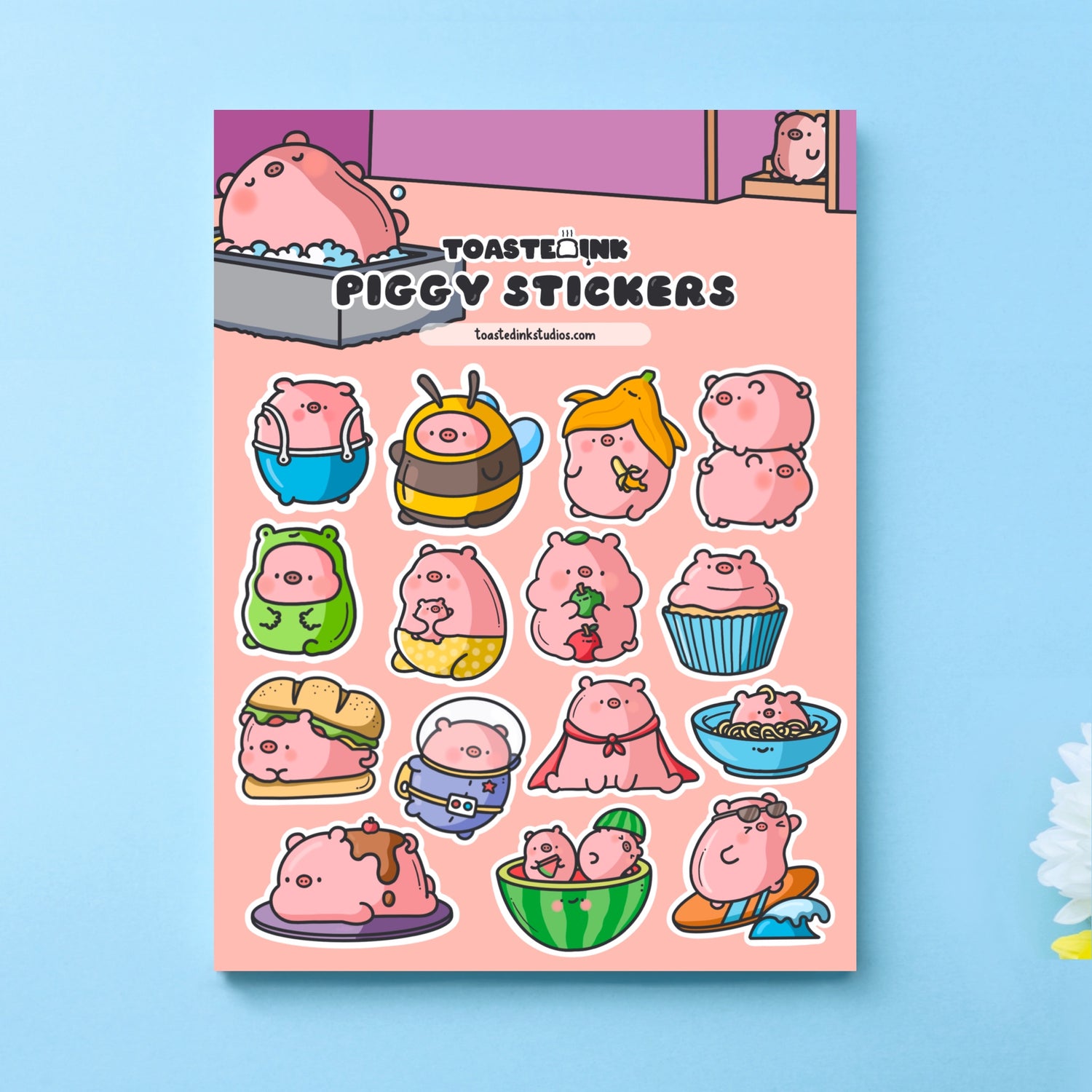 Pig sticker sheet on blue background