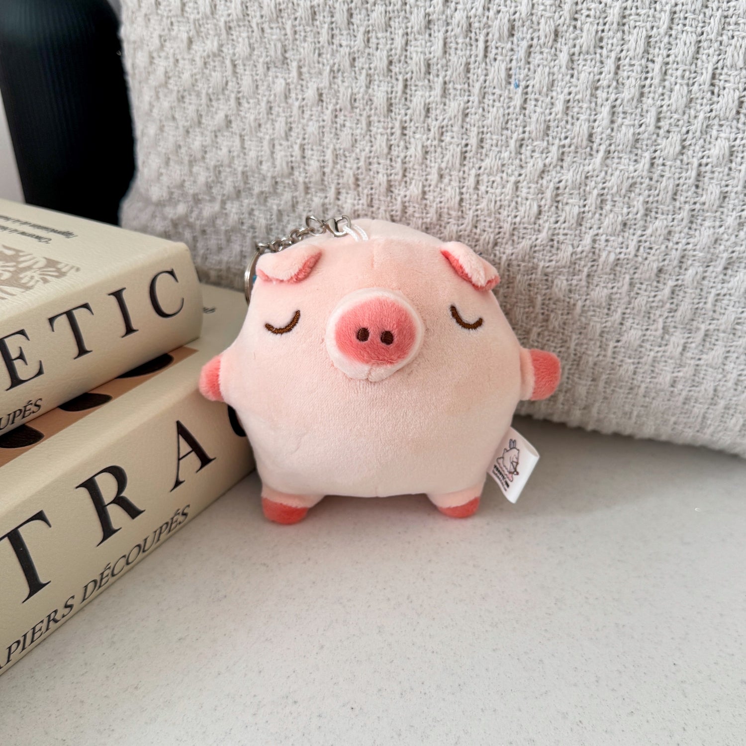 Pig keychain plush on beige table