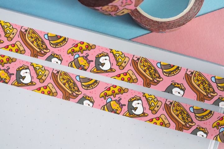 Pizza washi tape on blue and pink table