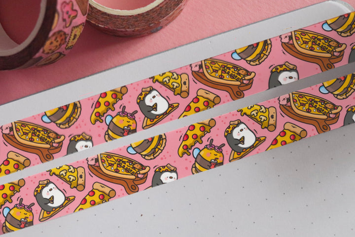 Pizza washi tape on pink table with 2 rolls of washi tape