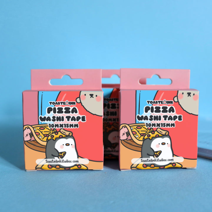 Pizza washi tape box on blue table