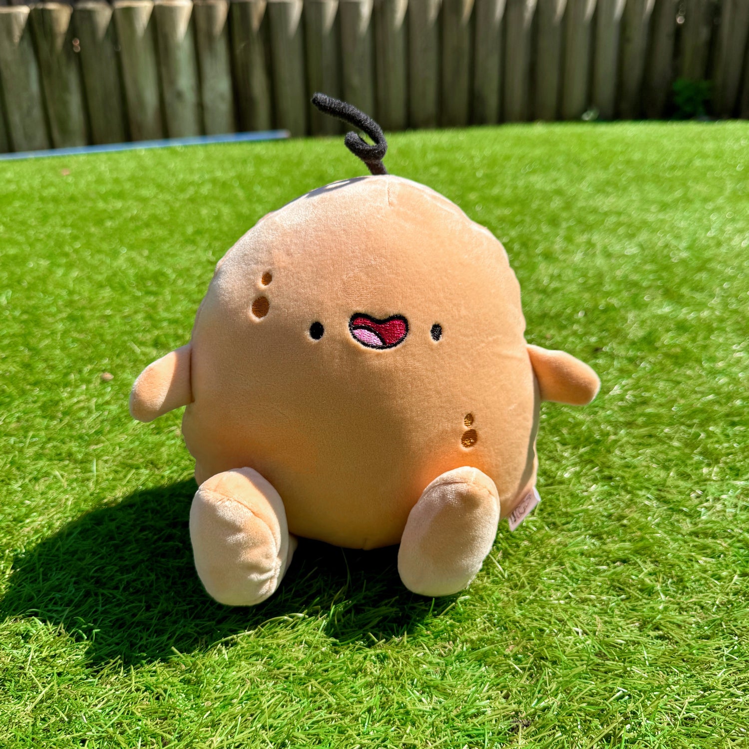 Potato plush toy on green grass