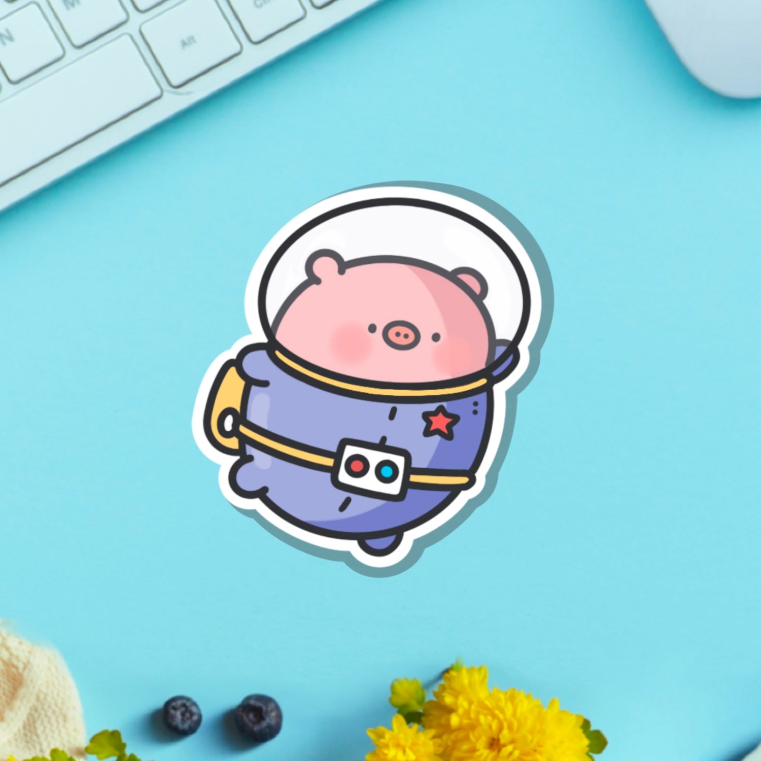 Space Pig Vinyl Sticker on table with keyboard