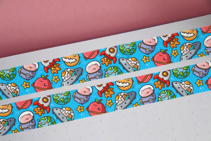 Space washi tape on pink desk