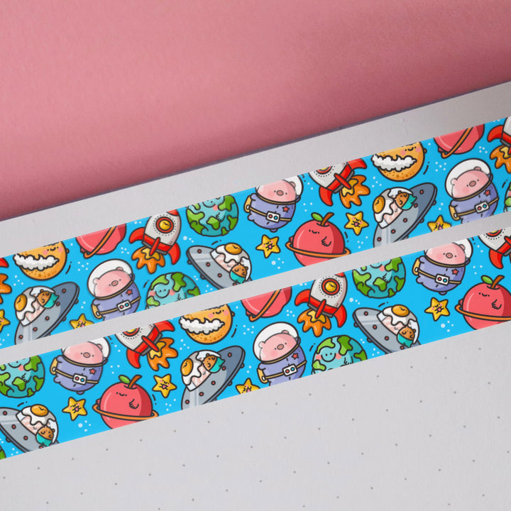 Space washi tape on pink table