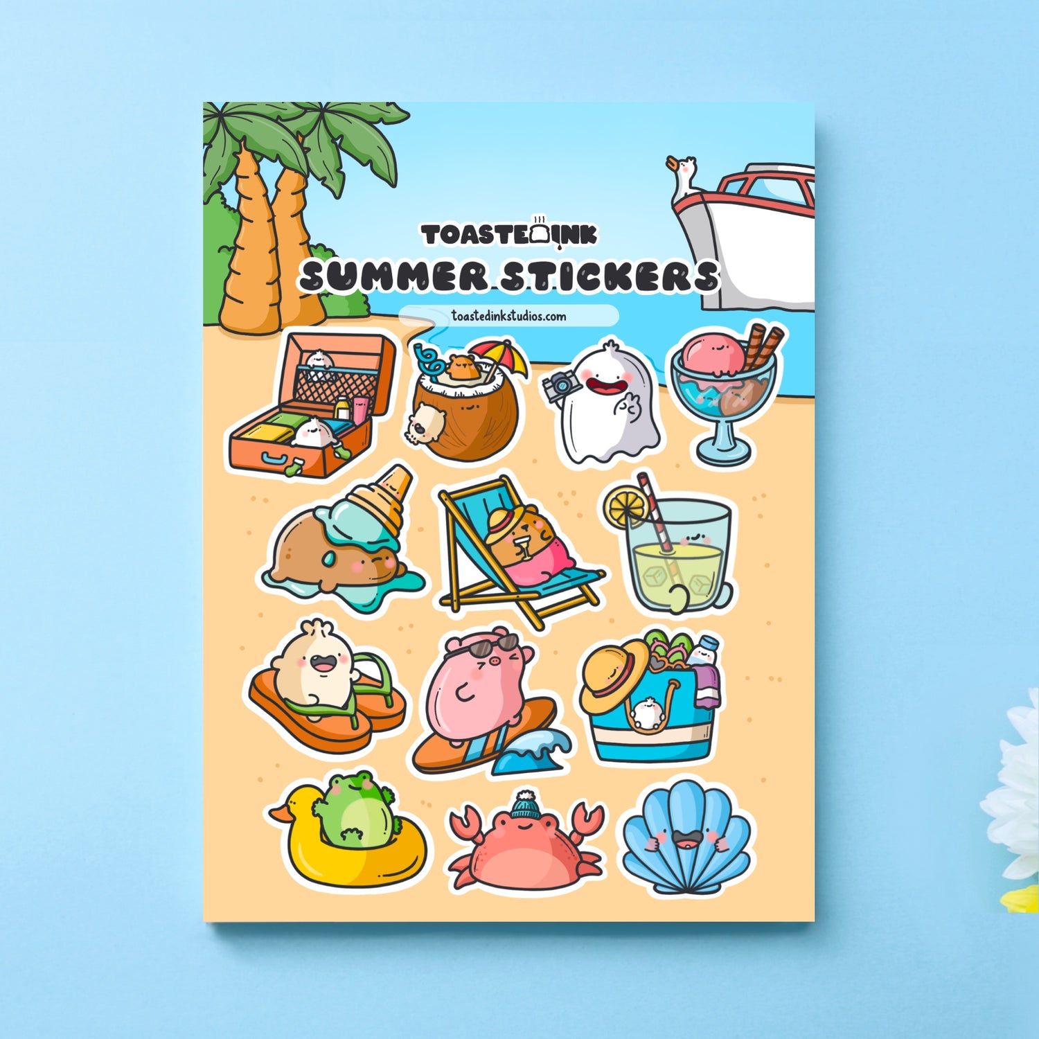 Summer sticker sheet on blue table