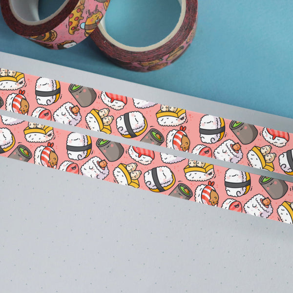 Sushi washi tape on notebook and blue table