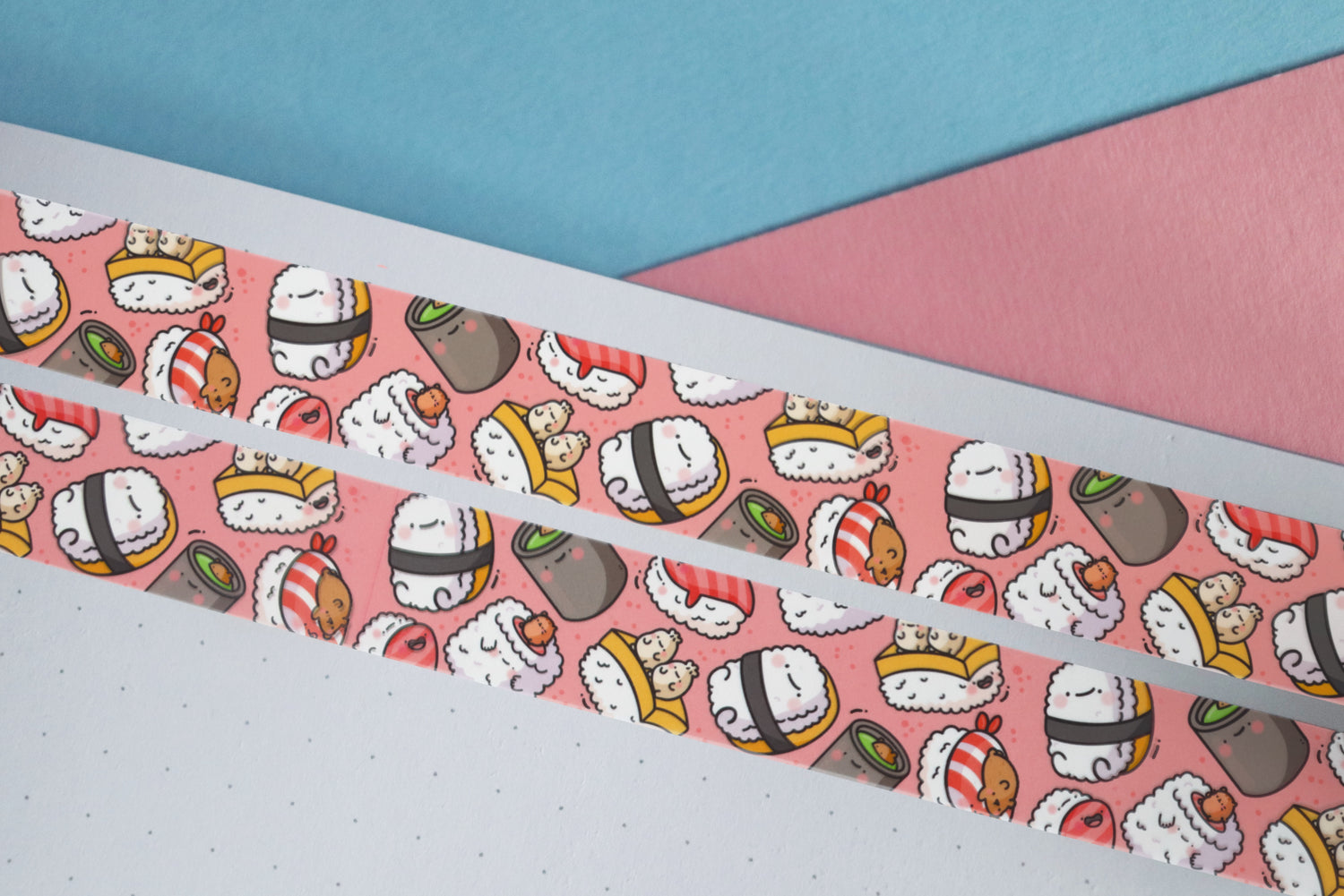 Sushi washi tape on blue and pink table
