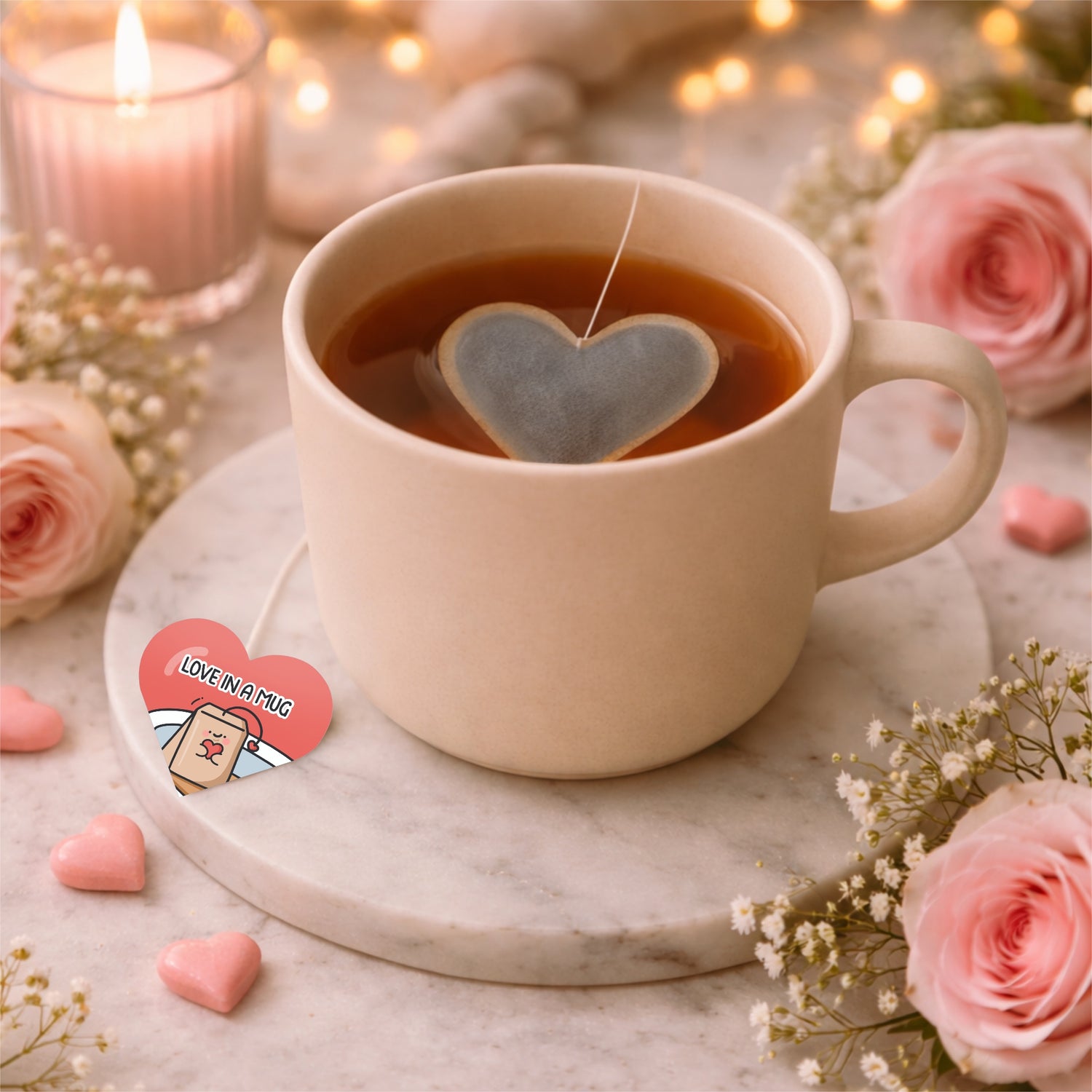 Cup of tea with a heart-shaped tea bag on a marble surface with pink roses and candles.