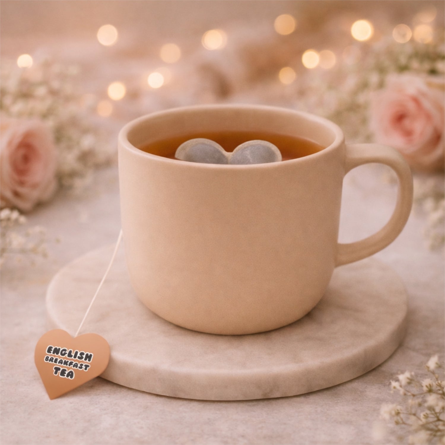 Beige mug with heart shaped tea on a marble coaster, surrounded by flowers and fairy lights