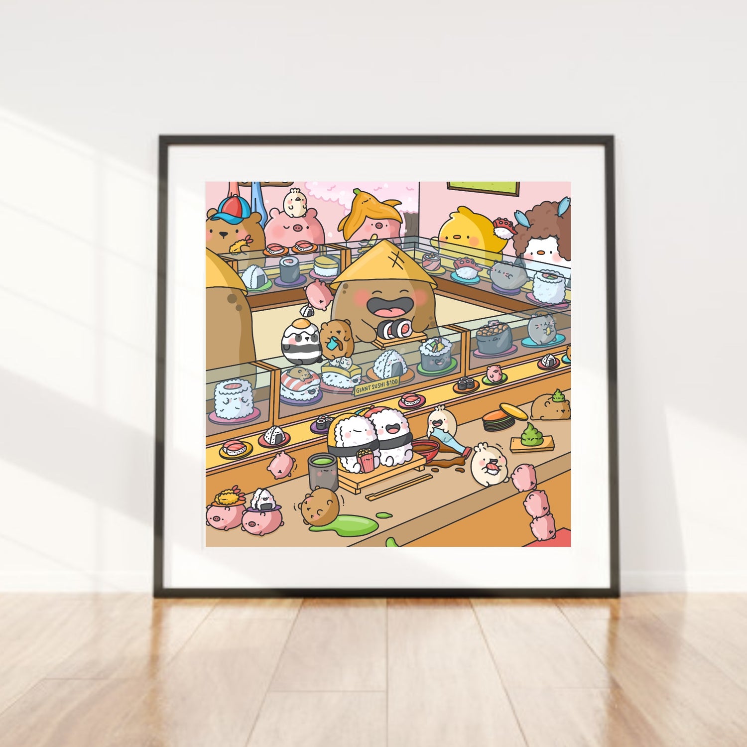 Sushi art print on wooden floor