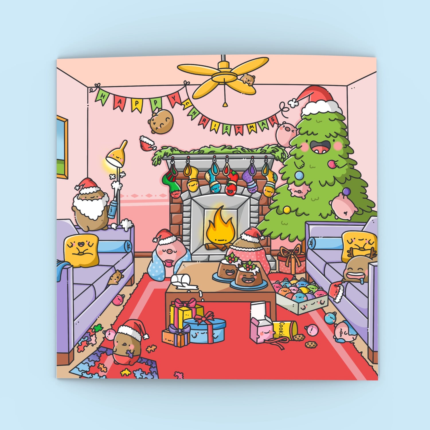 Cute Christmas Greetings Card on blue background