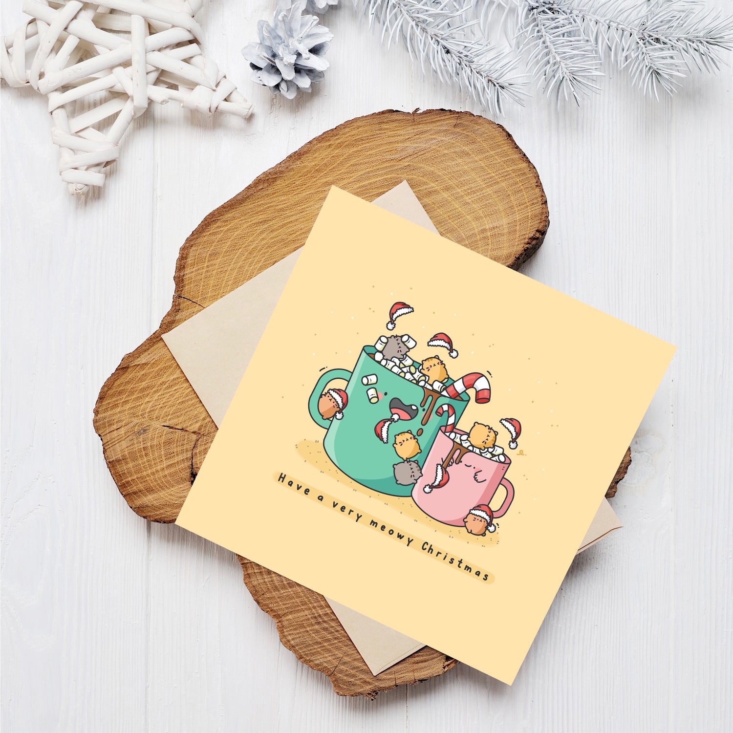 Cat Christmas Card on wood