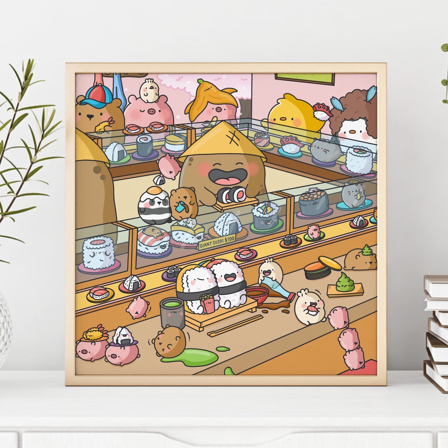 Cute Sushi Bar Art Print on wooden table